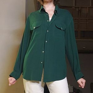 Vtg 100% Silk Forest Green Blouse